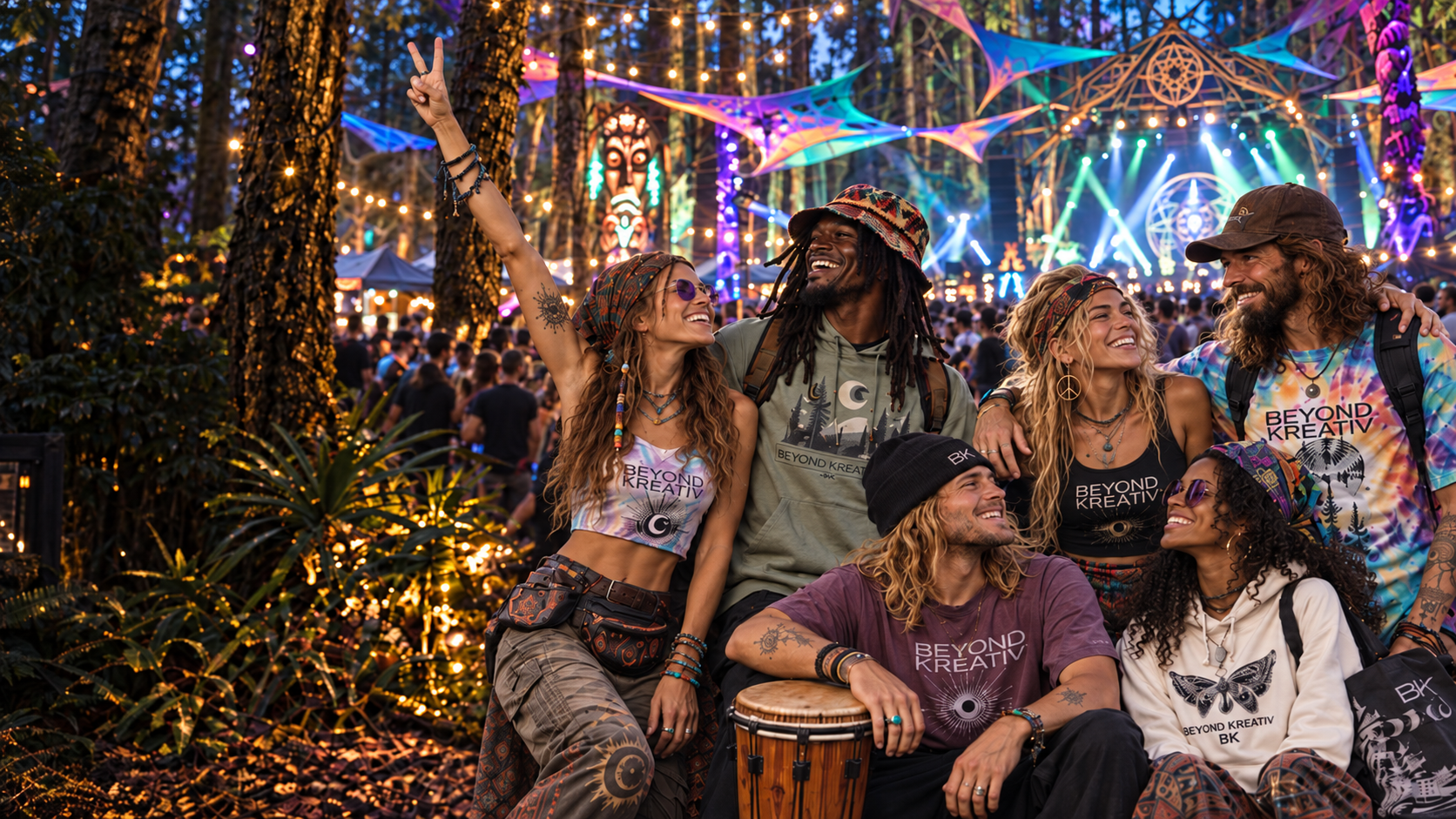 Friends wearing creative apparel at a neon-lit outdoor forest festival