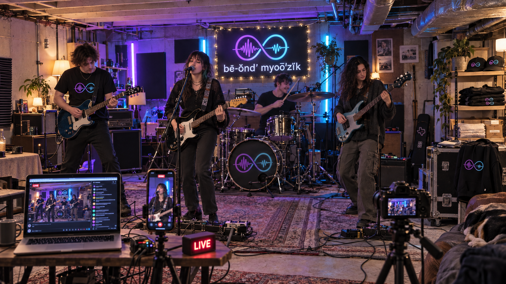 Four-member Texas band livestreaming a performance from their basement studio with coordinated branded merchandise