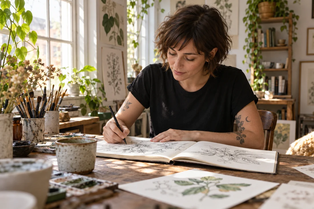 Illustrative creator campaign: an artist drawing in a sunlit studio