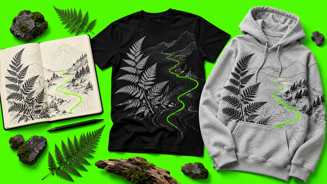 Design concept: botanical sketch translated onto a black tee and silver-gray hoodie