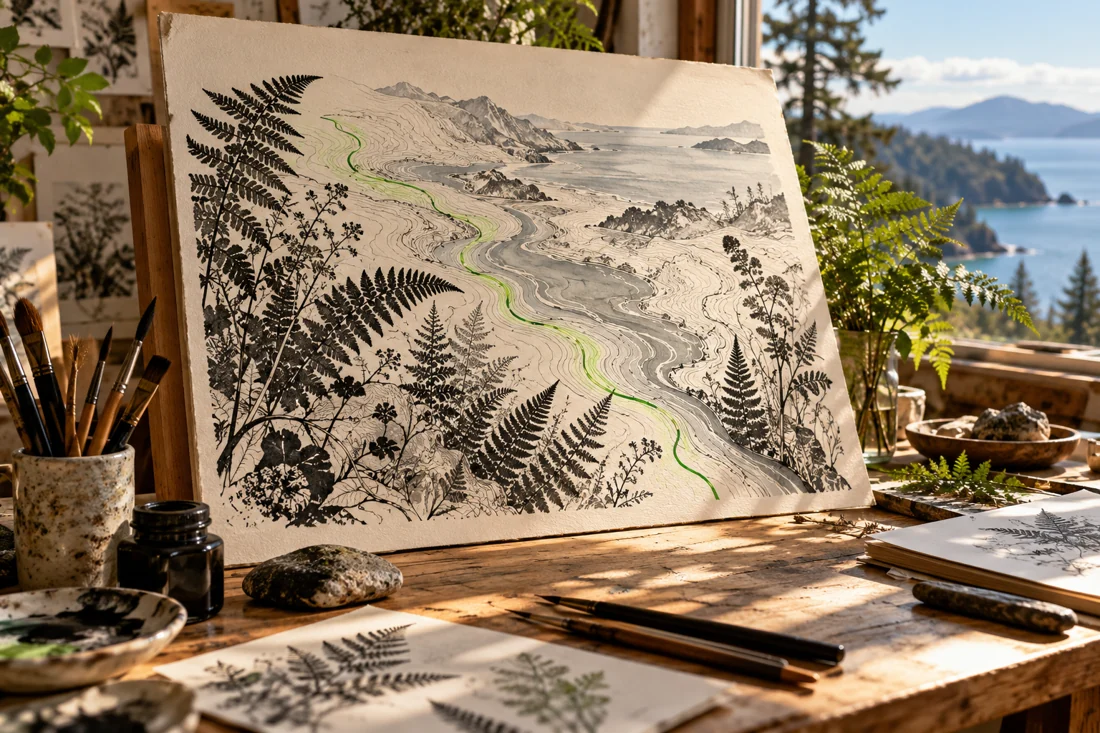 Campaign concept: fern and contour artwork on a coastal studio desk